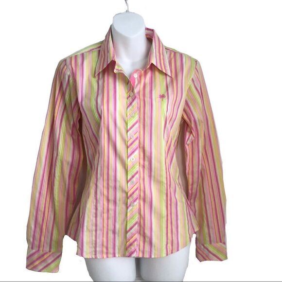 Lilly Pulitzer Striped Button Down Cuffed Shirt Size 6 Hot Pink Green Vintage - Picture 3 of 17